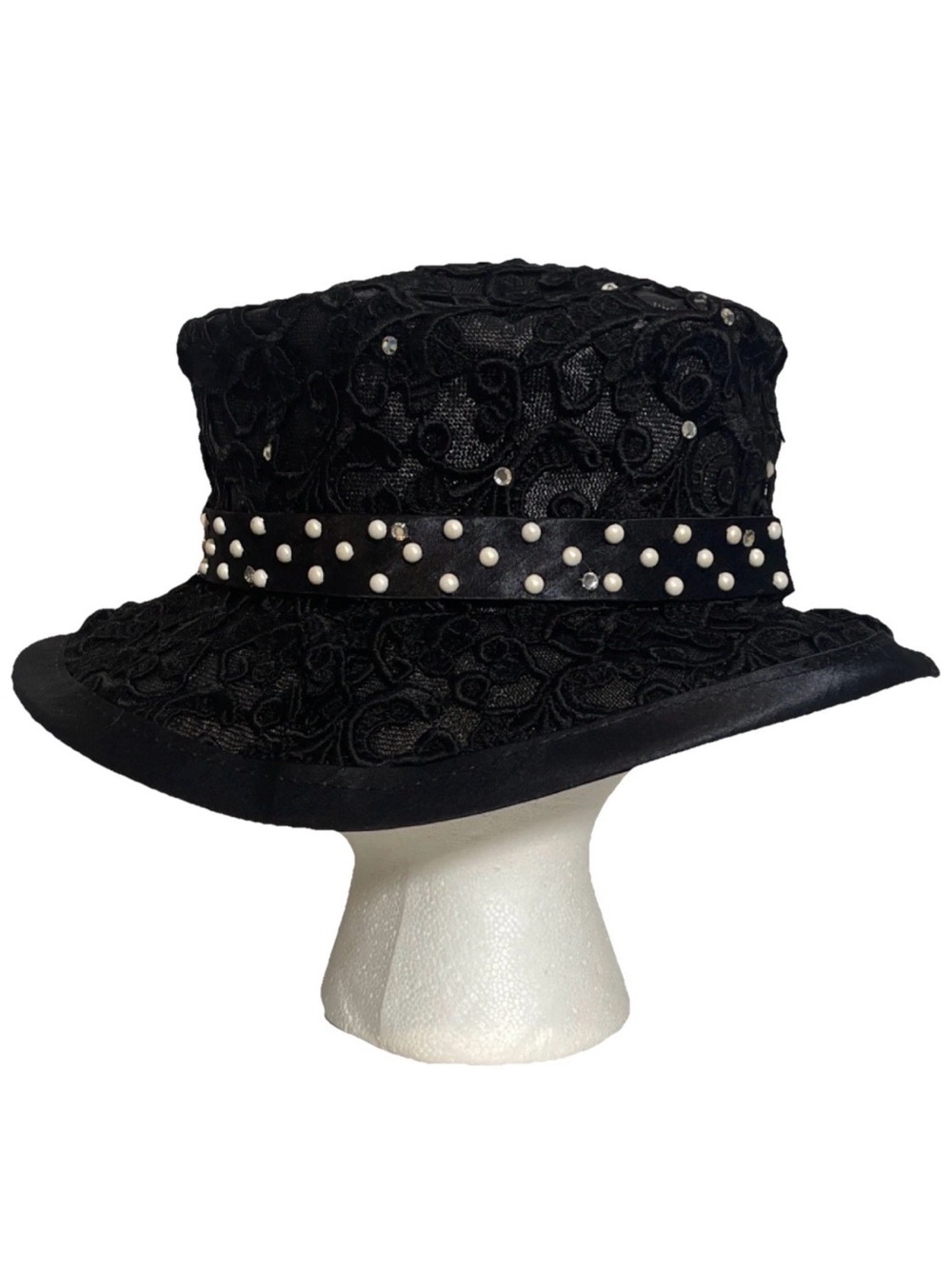 Vintage Mr John Black Lace Dress Hat Pearls Rhinestones Church Derby Mid Century